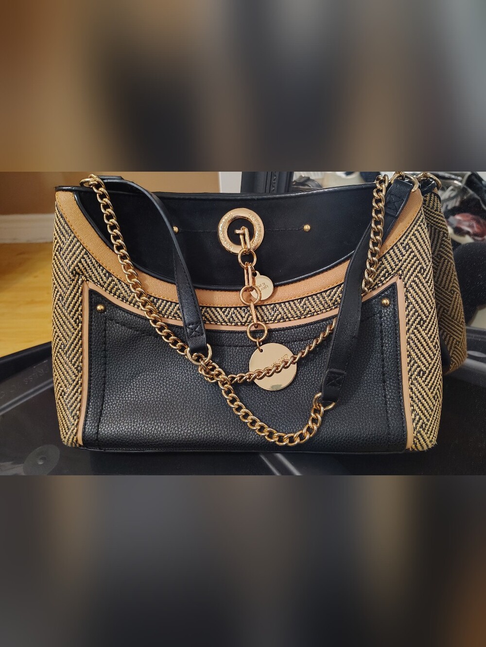 River Island Black and Tan Chain Detail Shoulder Bag